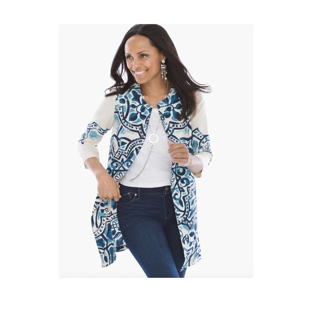 Blue & White Patterned Longline Coatigan - Women